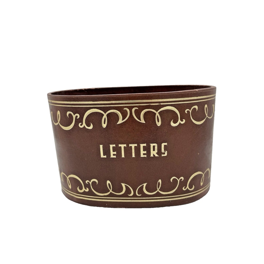 Vintage Mid Century Brown Leatherette Letters Holder Oval Desk Office Accessory‎